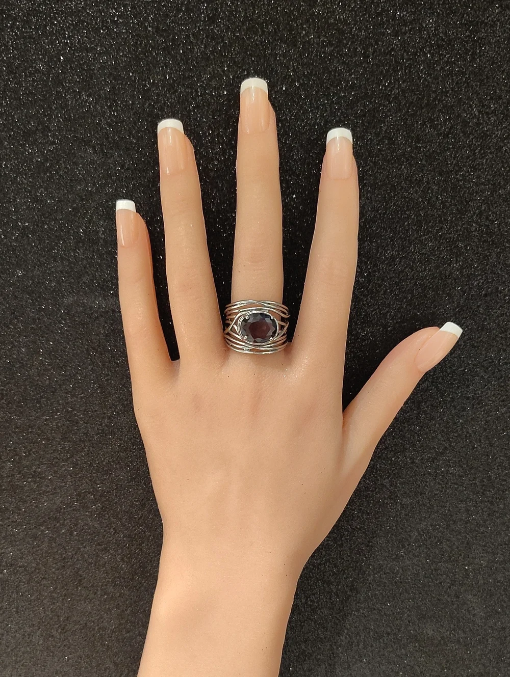 Amethyst Glass Stone Silver Boho Fashion Ring - Size 8